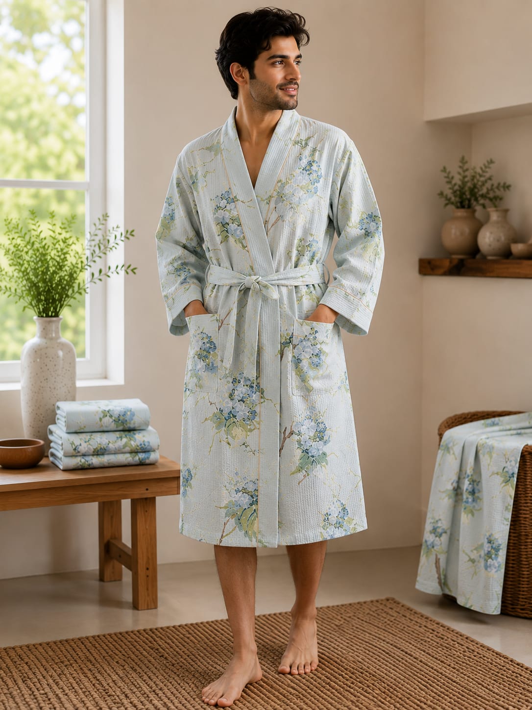 Powder Blue Hydrangea Unisex Cotton Waffle Bathrobe