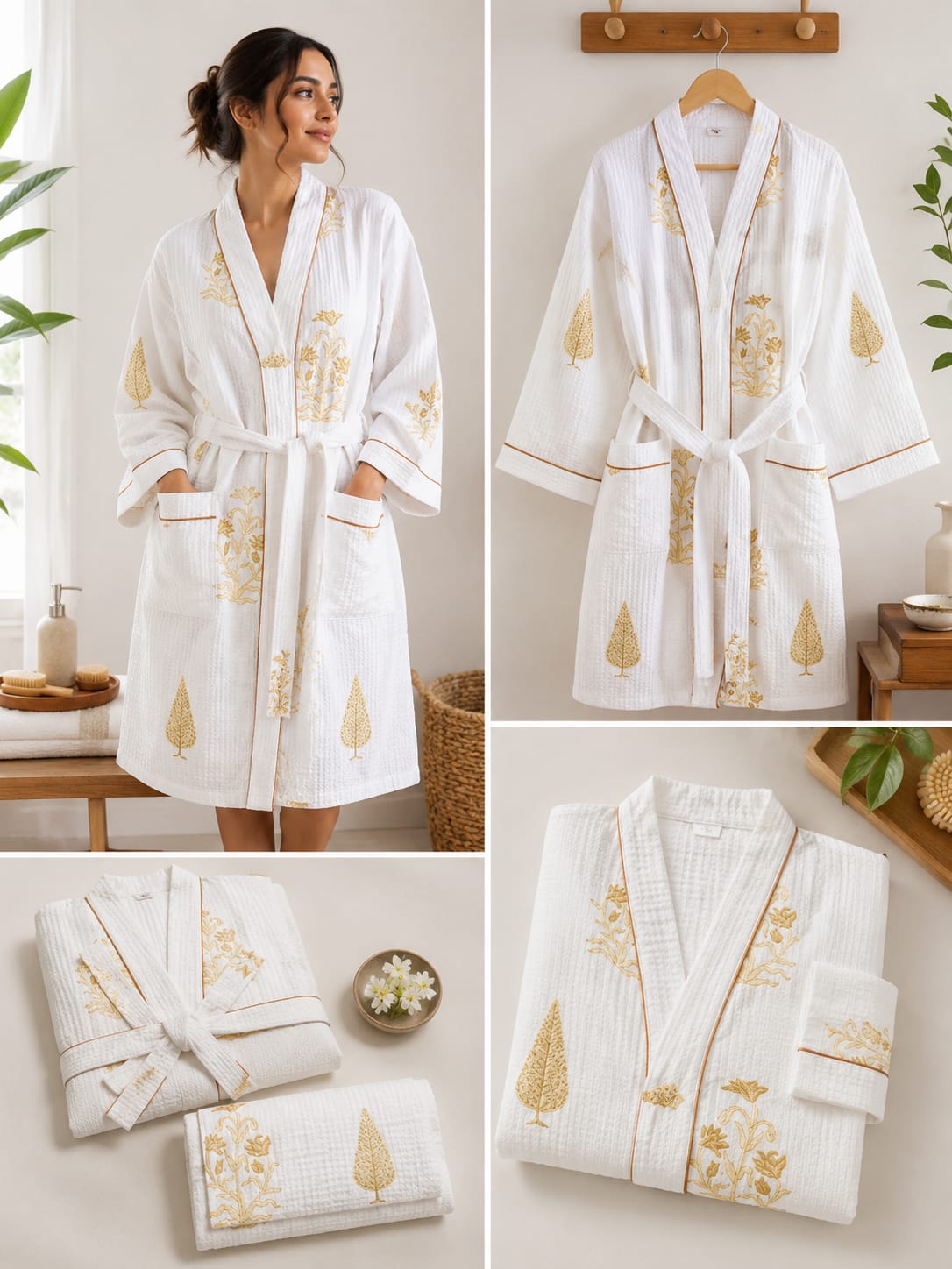 Golden Vine Motif Unisex Cotton Waffle Bathrobe