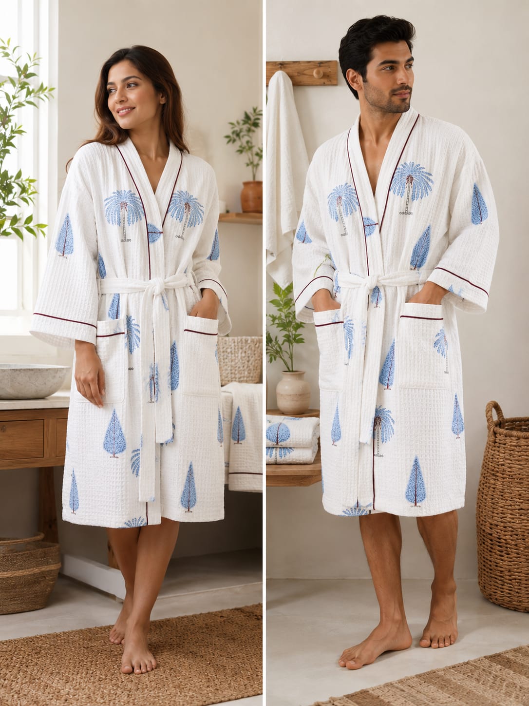 Blue Palm Grove Unisex Cotton Waffle Bathrobe
