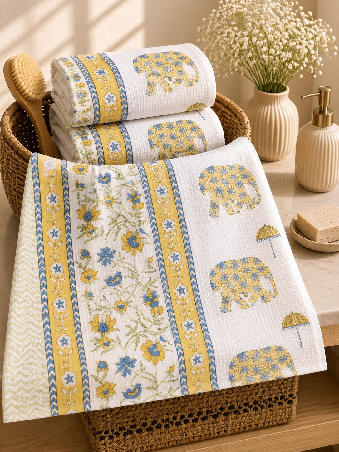 Yellow Elephant Bloom Waffle Towel