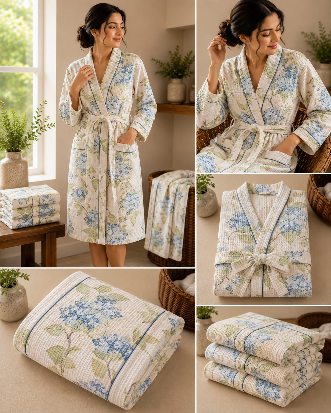 Ivory Hydrangea Trellis Unisex Cotton Waffle Bathrobe