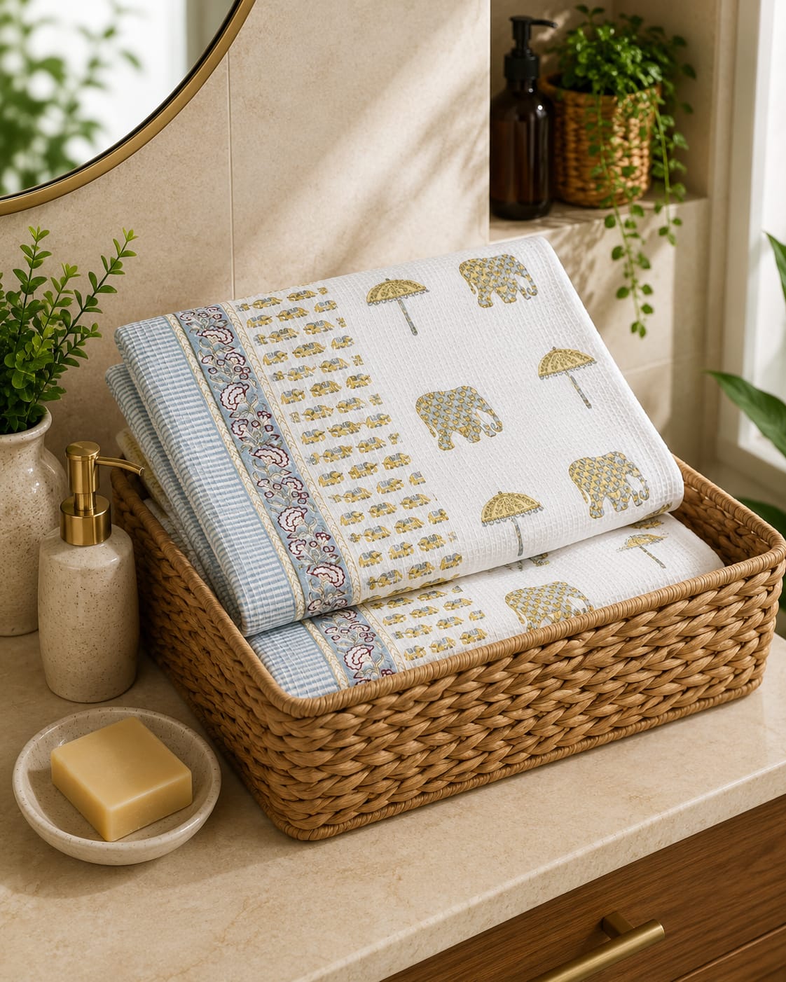 Mustard Elephant Umbrella Waffle Towel