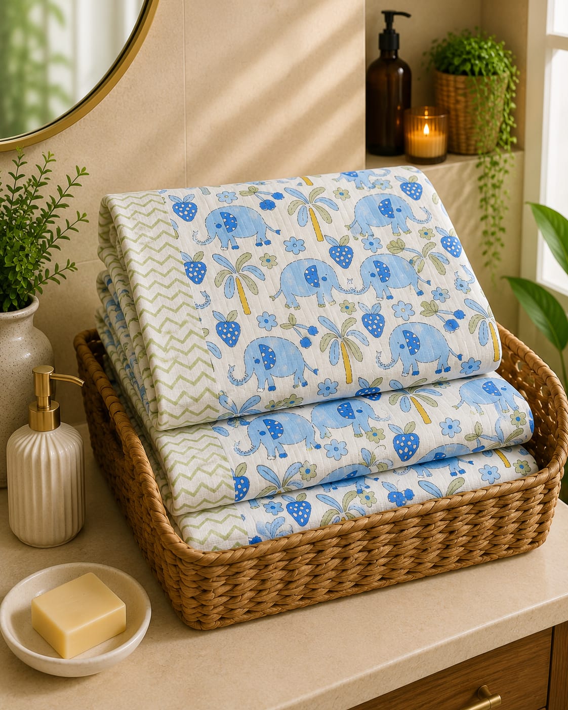 Blue Elephant Palm Waffle Towel