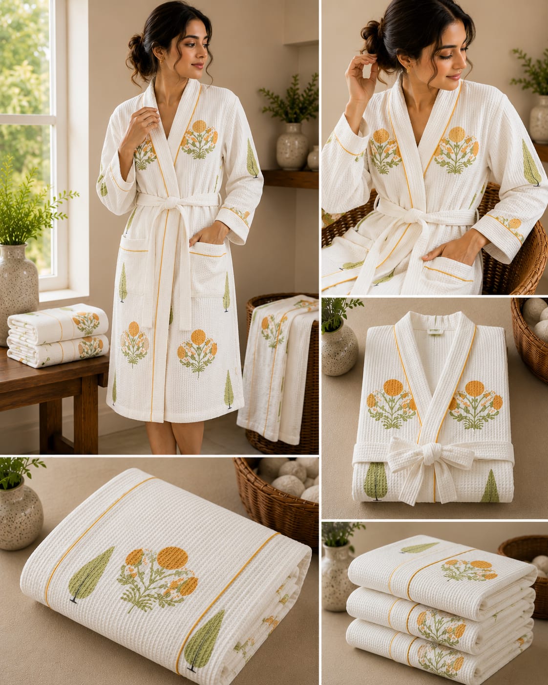 Ochre Marigold Leaf Unisex Cotton Waffle Bathrobe