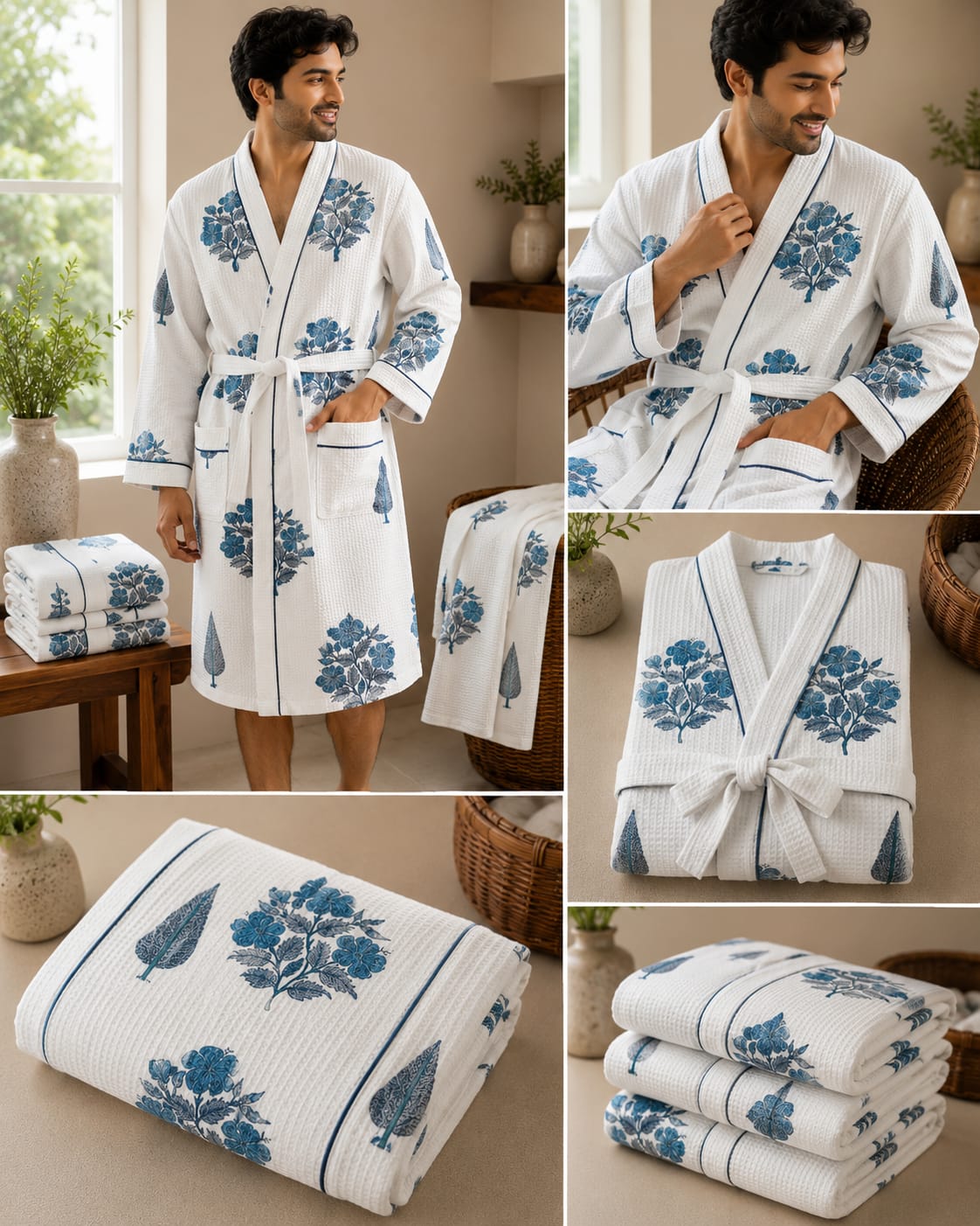Indigo Floral Tree Unisex Cotton Waffle Bathrobe