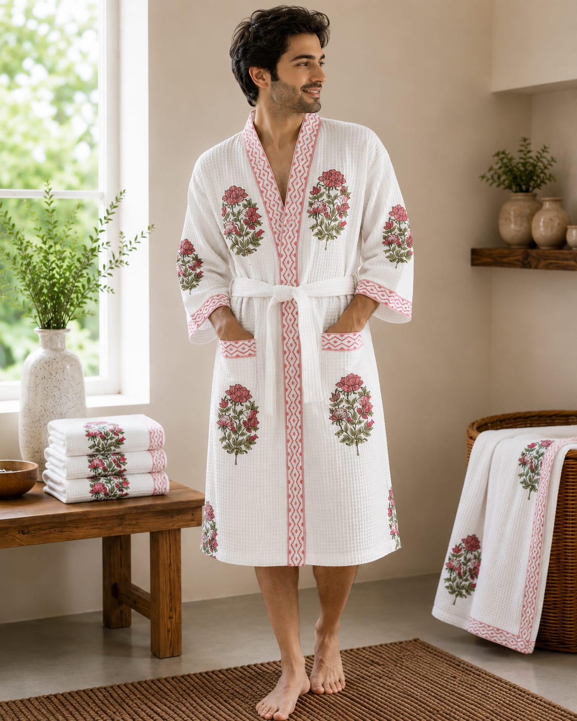 Rose Buta Pink Border Unisex Cotton Waffle Bathrobe
