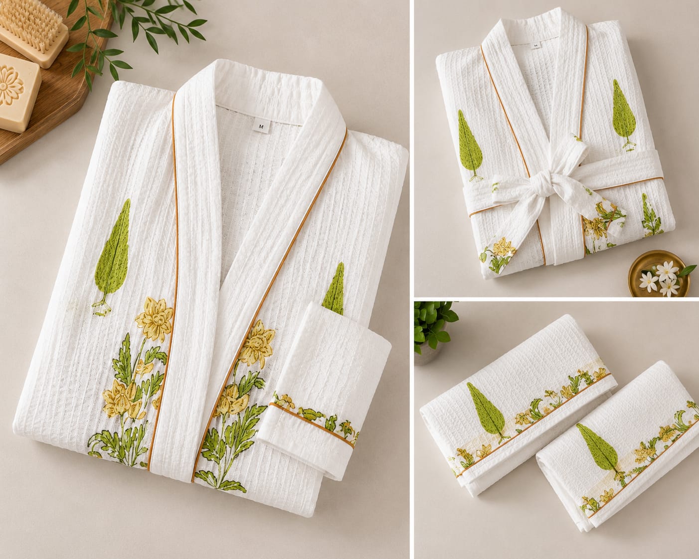 Sunlit Yellow Floral Unisex Cotton Waffle Bathrobe