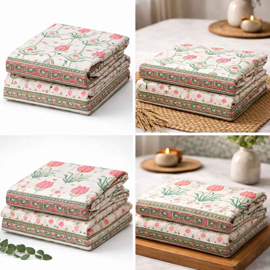 Floral Pink Cotton King Size Bedsheet – Tulip Handblock Print | Premium Cotton Bedding