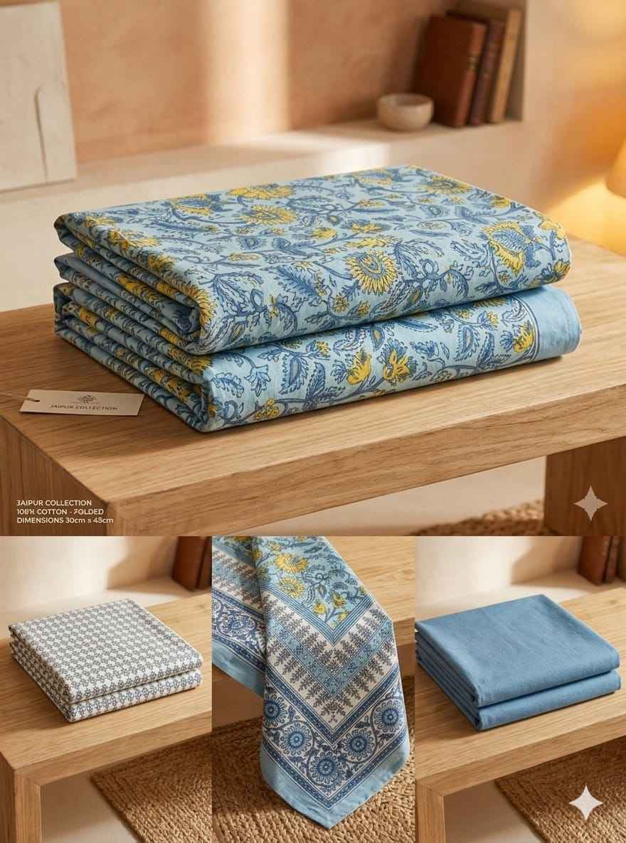 Blue Floral Cotton King Size Bedsheet – Handblock Inspired Print | Premium Bedding