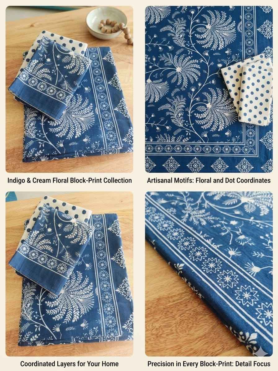 Indigo Botanical Cotton King Size Bedsheet – Handblock Inspired Print | Premium Bedding
