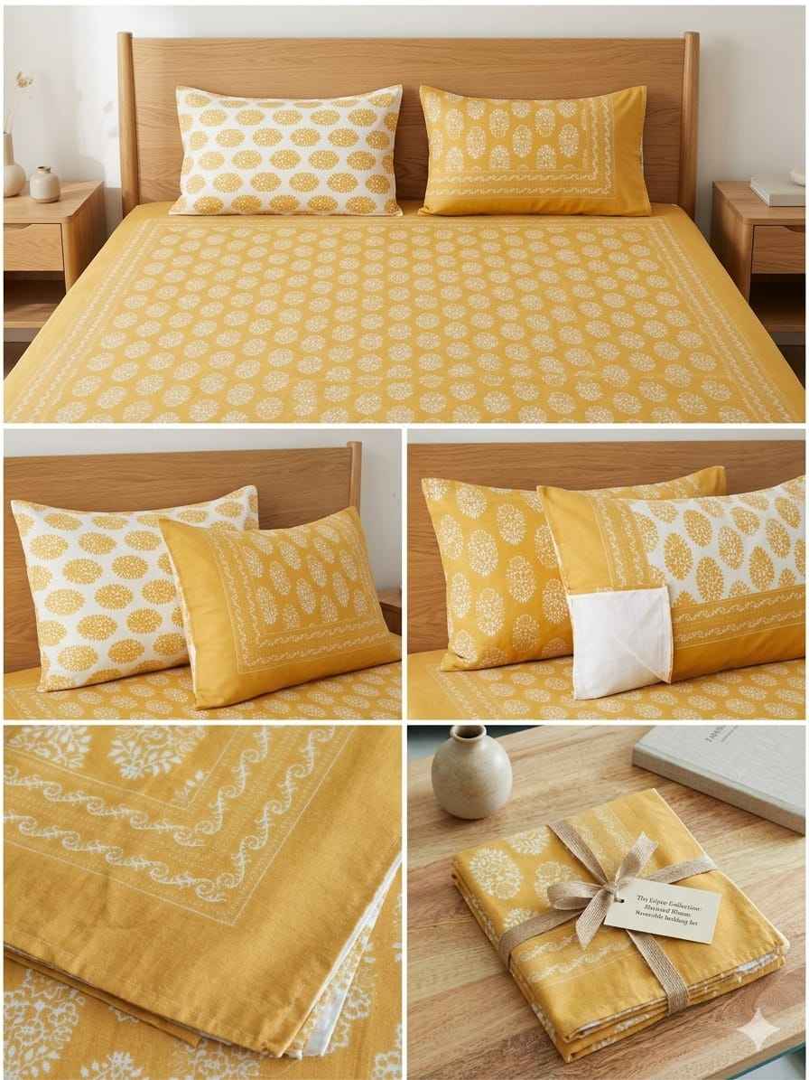 Mustard Yellow Floral Cotton King Size Bedsheet – Handblock Inspired Print | Premium Bedding