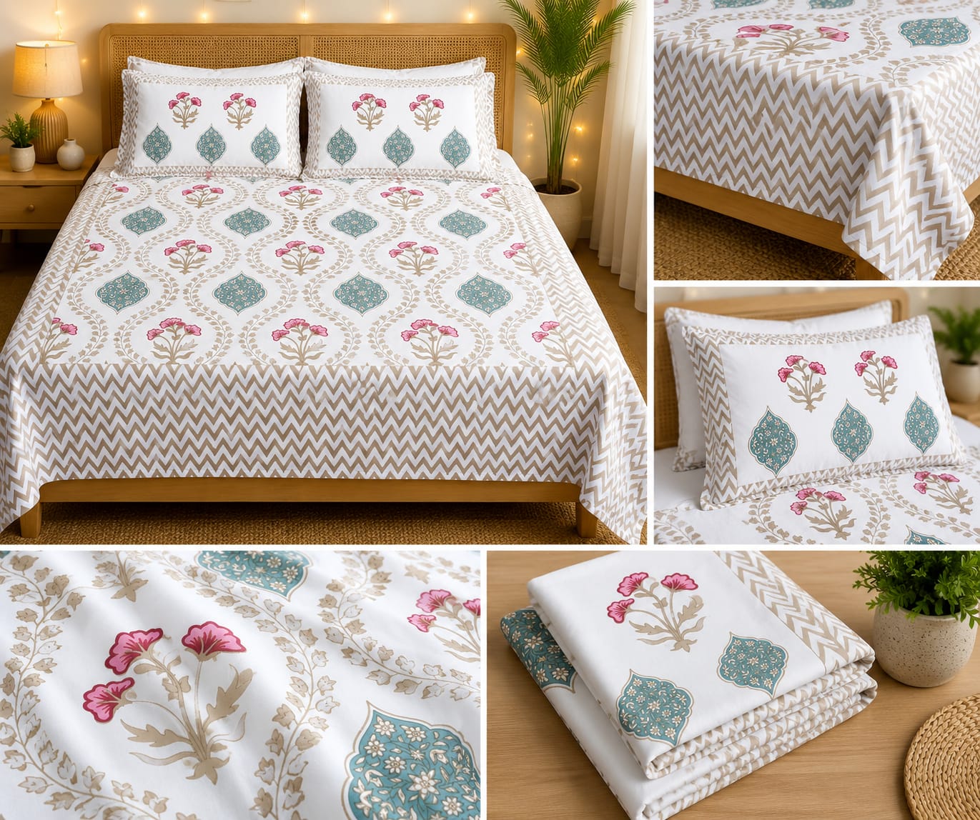Meher Turquoise Bloom 260 TC Cotton Bedsheet