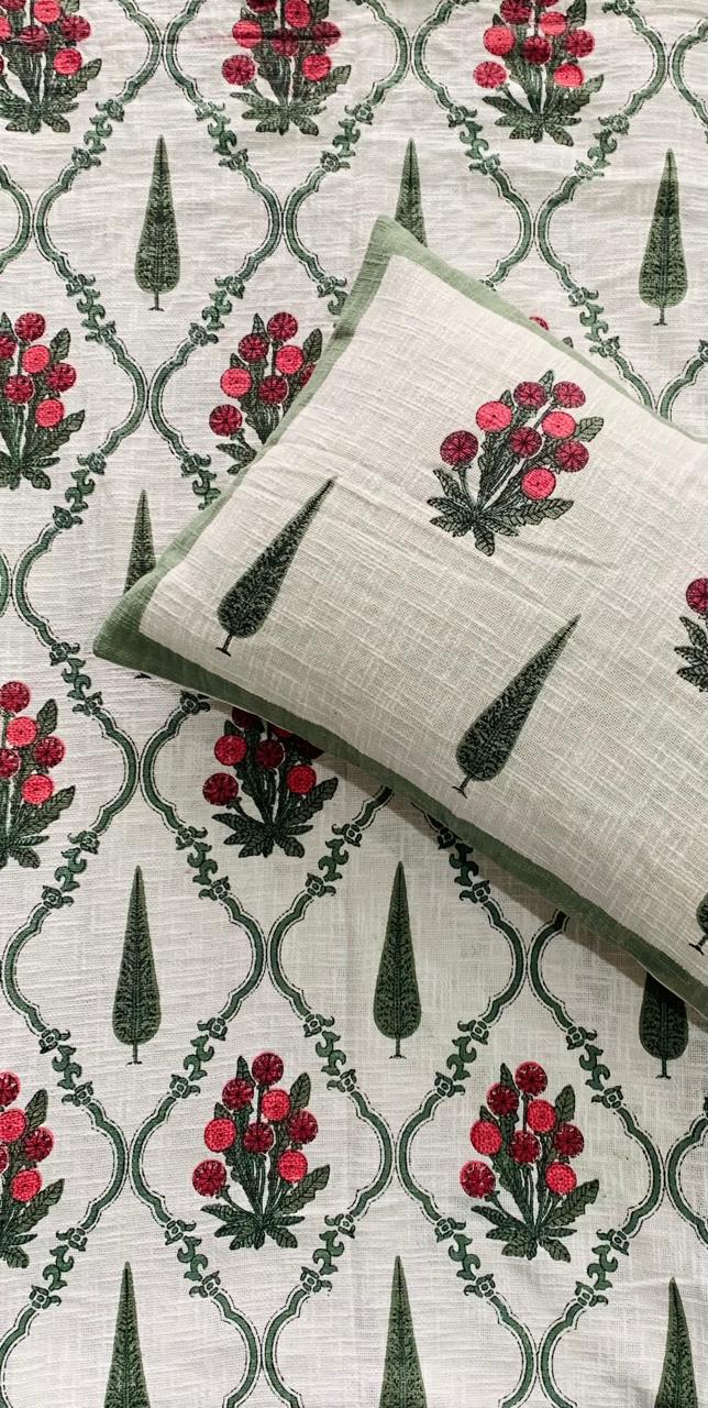Botanical Harmony - Green with Red and Green Floral Print