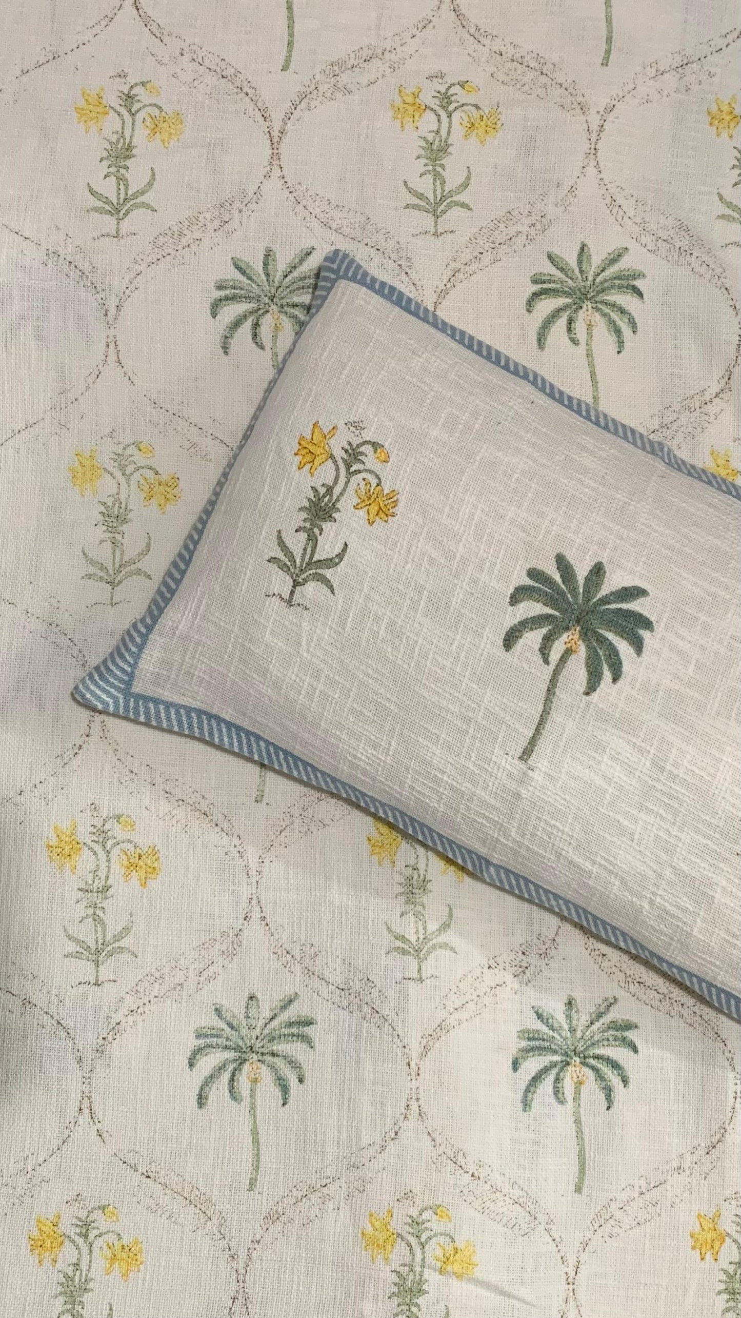 Sunlit Palm - Cream with Green Palm Trees and Yellow Flowers