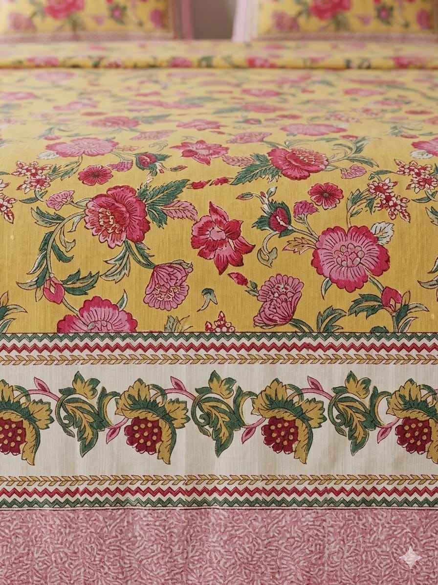 Butter Yellow Floral Cotton King Size Bedsheet