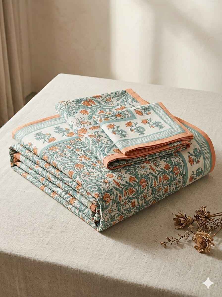 Sage & Orange Floral Cotton King Size Bedsheet