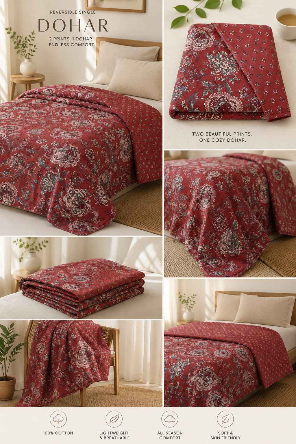 Crimson Bloom Heritage Handblock Reversible Dohar - Single
