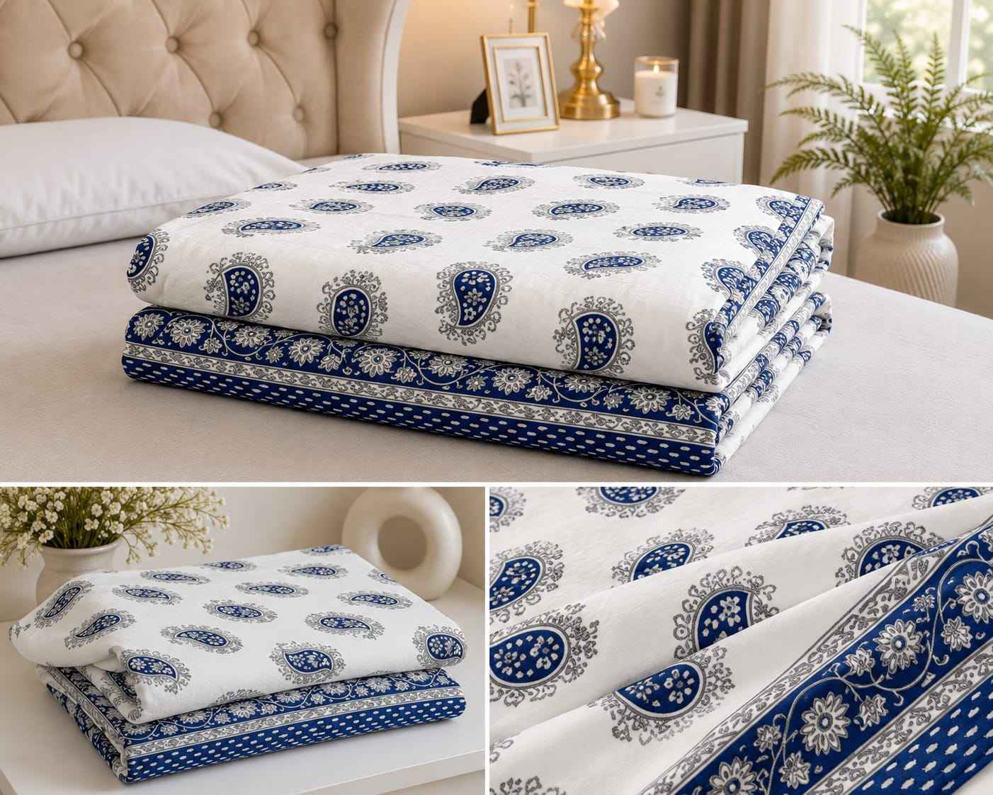 Blue Paisley Cotton King Size Bedsheet