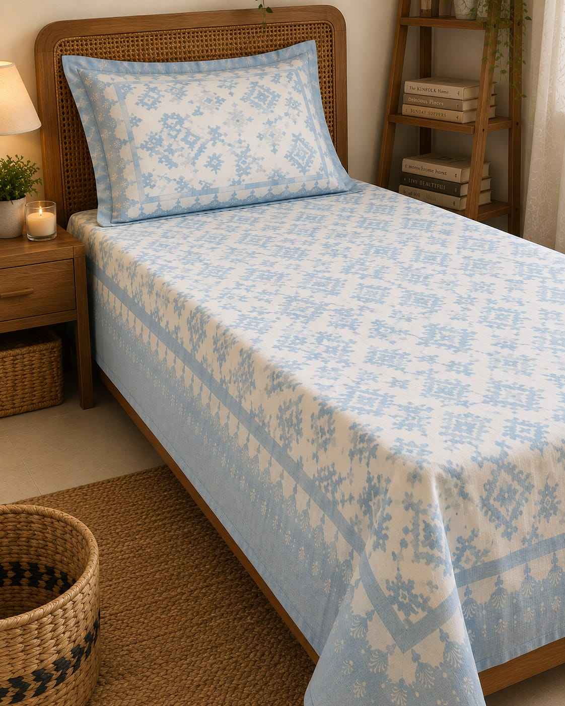 Powder Blue Ikat Jaal Single Bedsheet – 100% Cotton | 240 TC