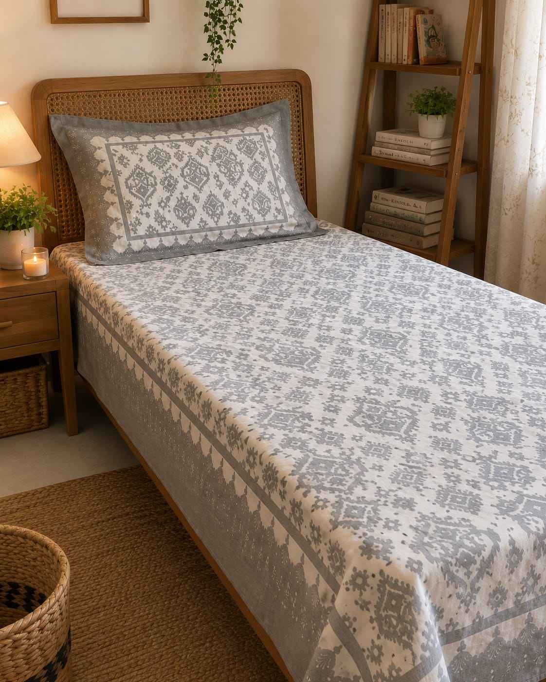 Slate Grey Ikat Jaal Single Bedsheet – 100% Cotton | 240 TC