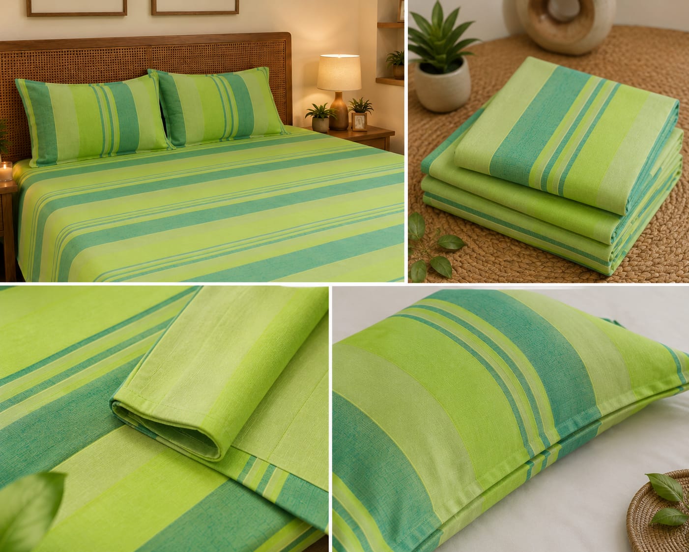 Fresh Green & Teal Stripe Handloom Bedsheet Set