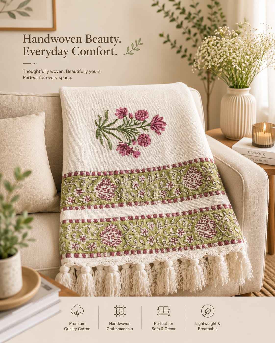 Ivory Scarlet Vine Throw