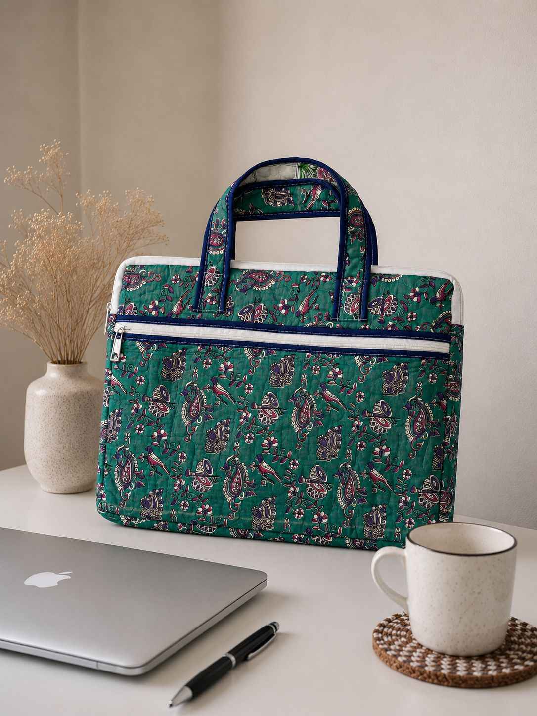 Teal Paisley Quilted Cotton Laptop Bag for 15 Inch Laptop