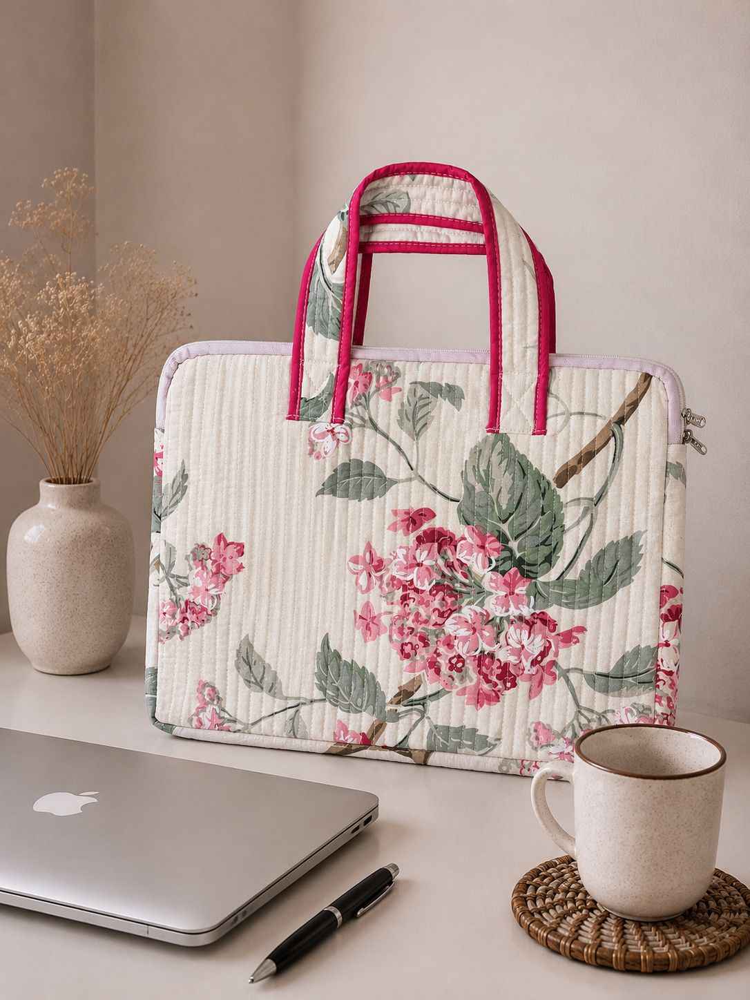 Ivory Pink Blossom Quilted Cotton Laptop Bag for 15 Inch Laptop