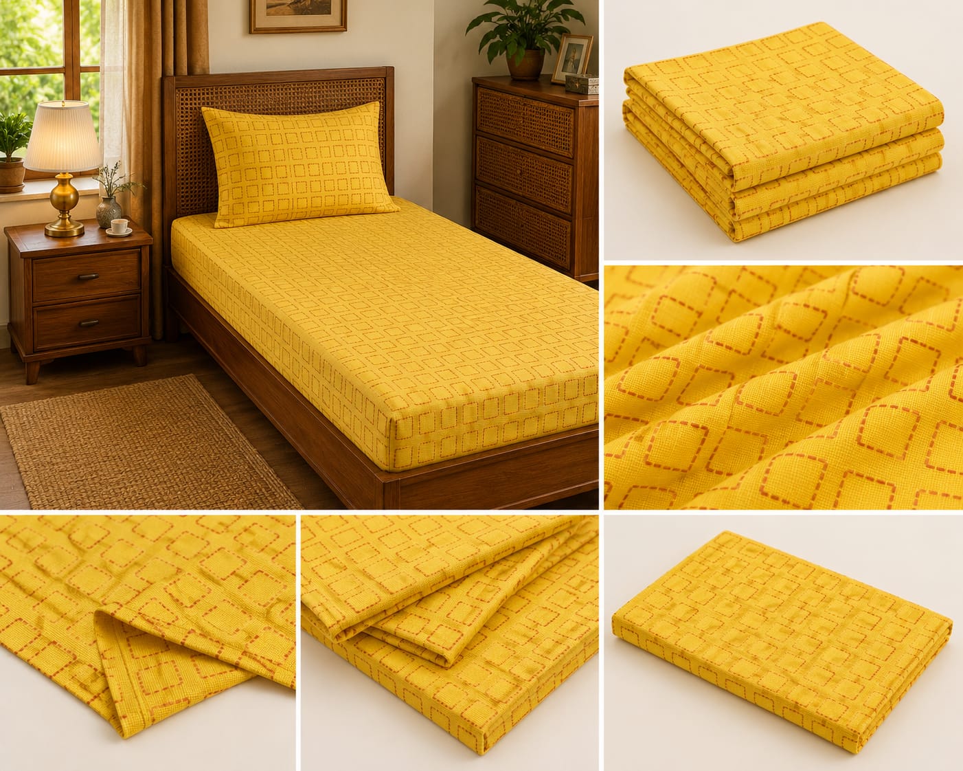 Mustard Grid Handloom Single Bedsheet