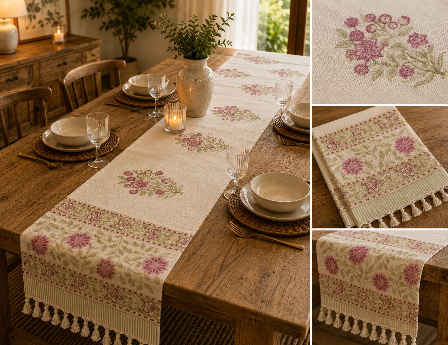 Rose Pink Floral Border Hand Block Jute Table Runner