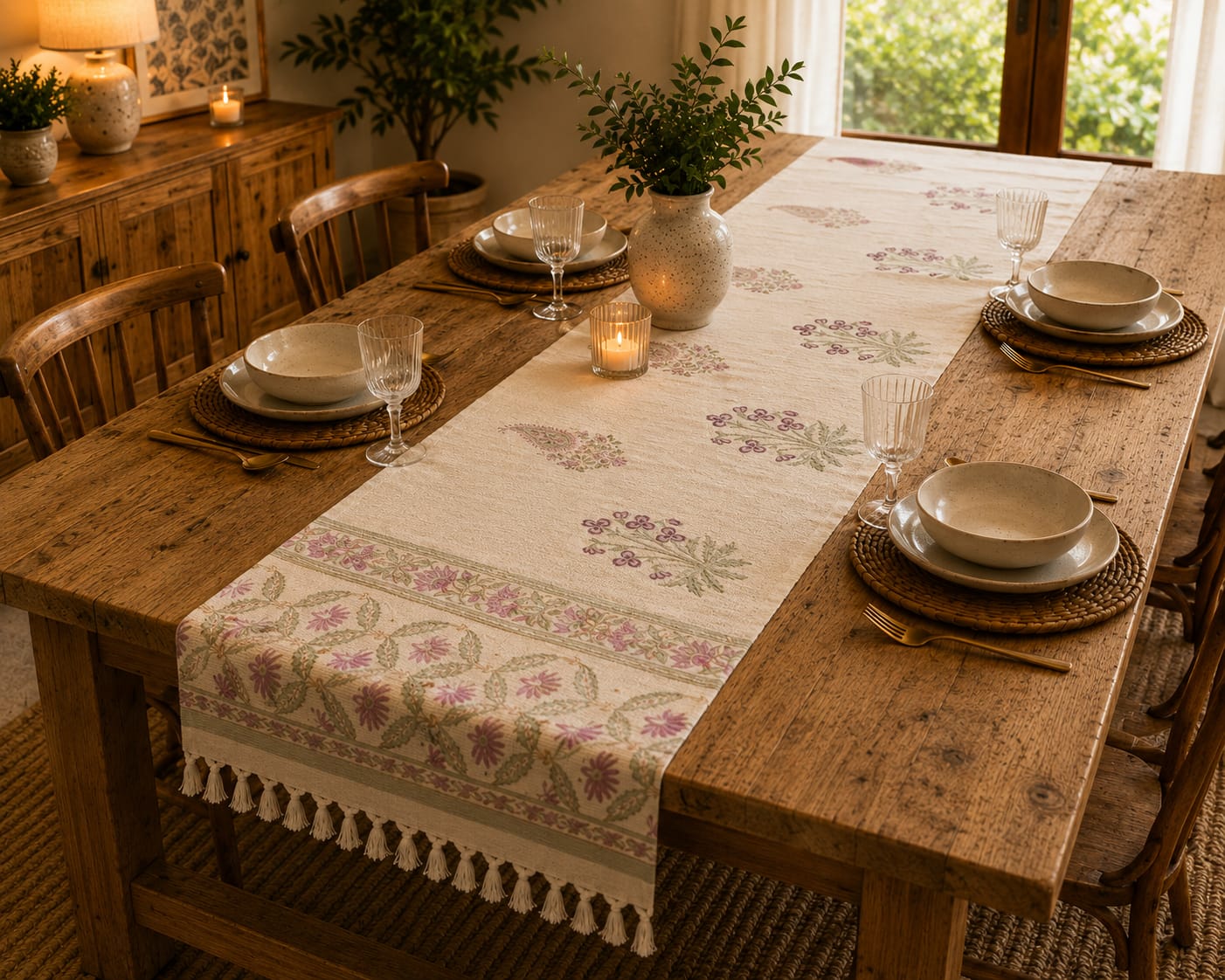 Pastel Pink Floral Vine Hand Block Jute Table Runner