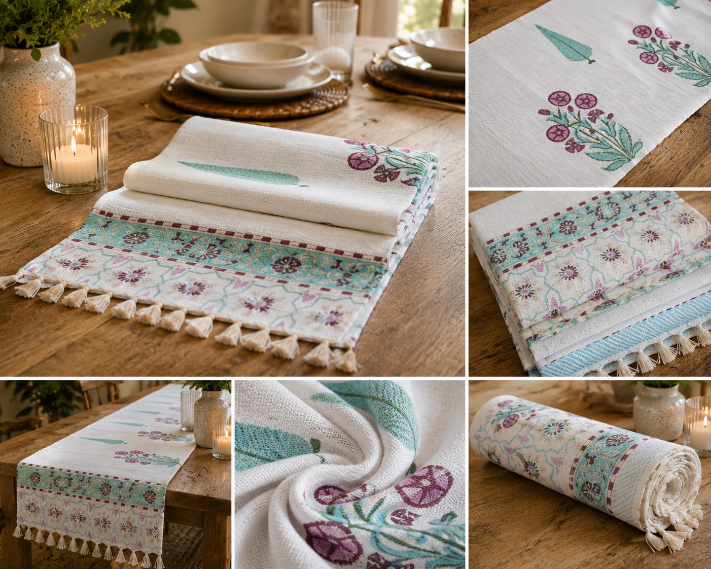 Aqua Floral Panel Hand Block Jute Table Runner