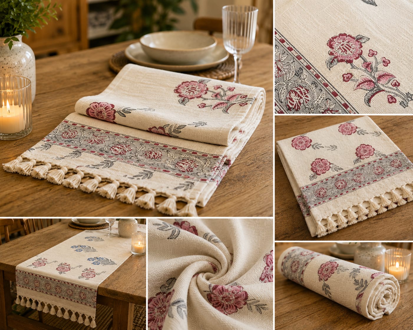 Multicolor Floral Border Hand Block Jute Table Runner