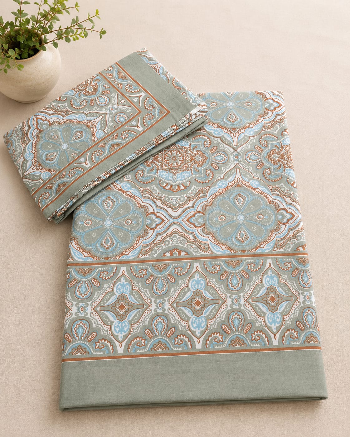 Sage Mint Ethnic Cotton King Size Bedsheet – Handblock Inspired Print | Premium Bedding