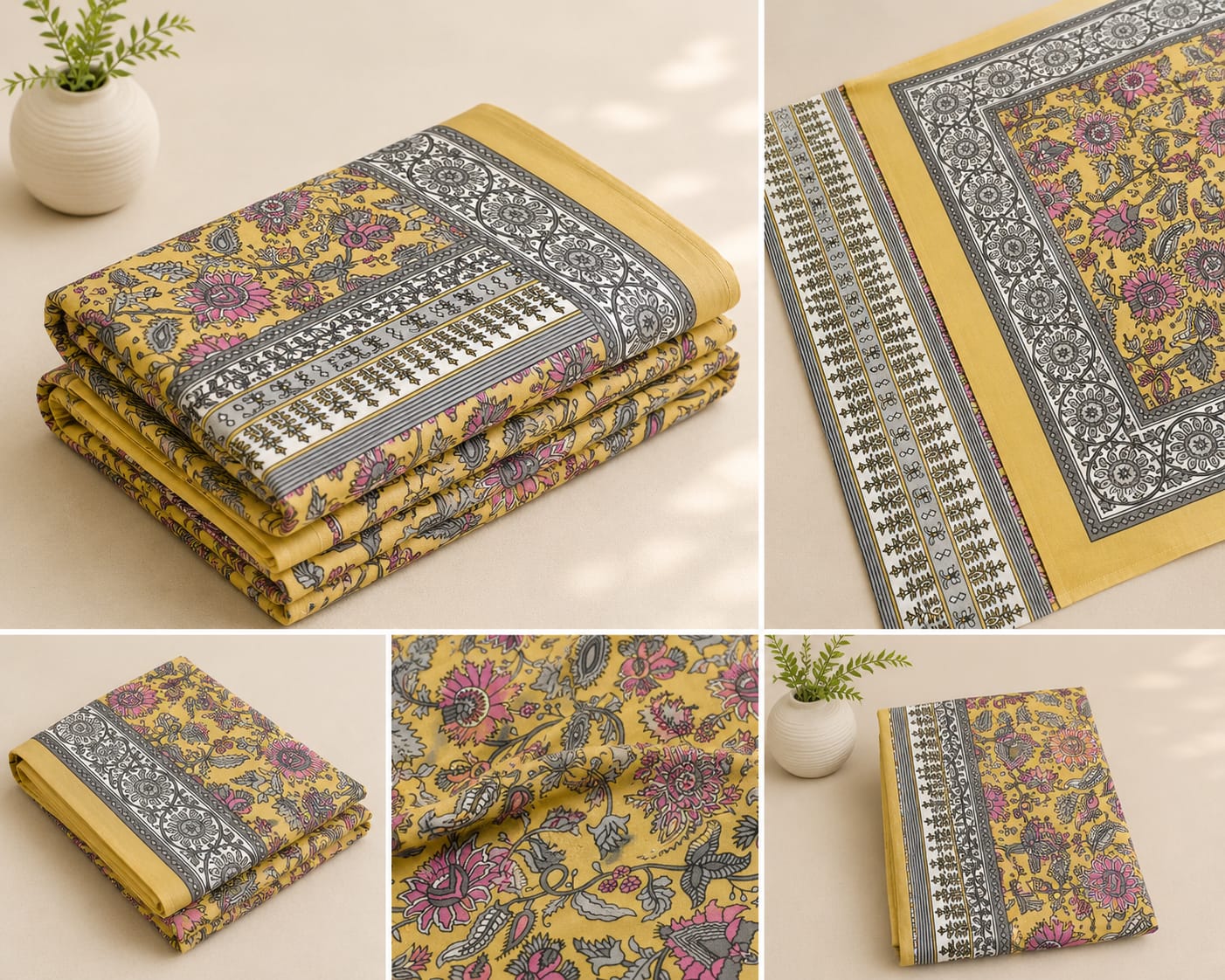 Mustard Yellow Floral Cotton King Size Bedsheet – Handblock Inspired Print | Premium Bedding