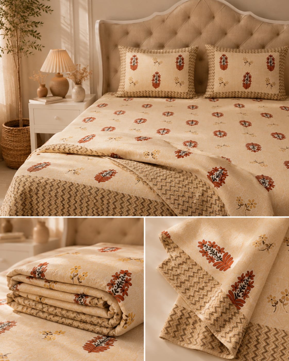 Cream Boota Ethnic Cotton King Size Bedsheet – Handblock Inspired Print | Premium Bedding