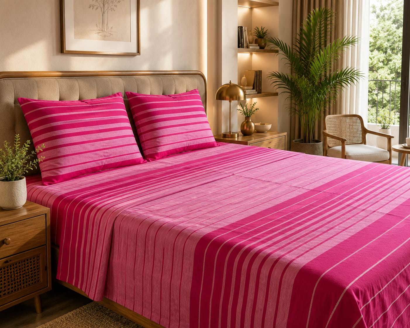 Fuchsia Pink Stripe Premium Handloom Bedsheet Set