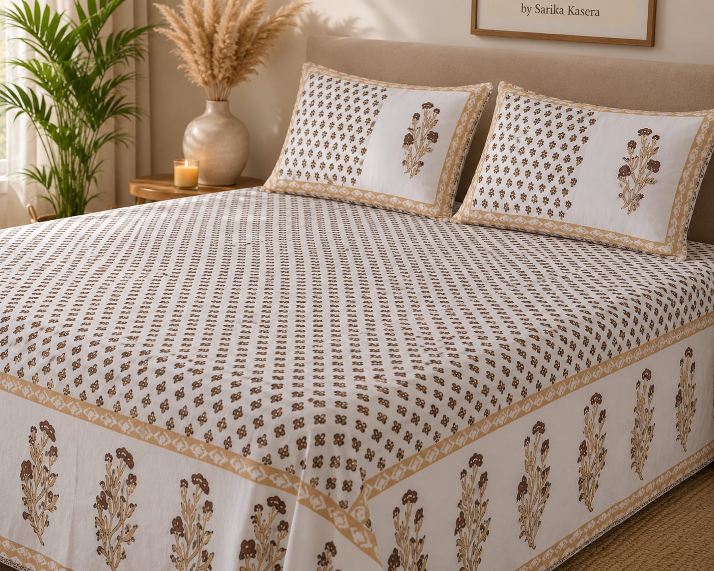 Ivory & Brown Floral Boota Cotton King Size Bedsheet – Handblock Inspired Print | Premium Bedding