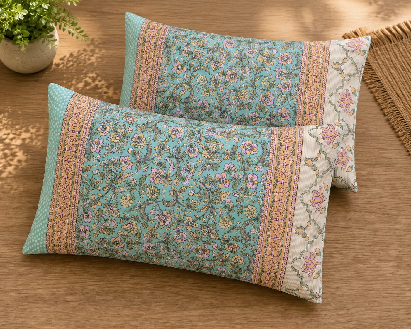 Aqua Gulnaar Floral Handblock Print - 260 TC Cotton Bedsheet - ChapaSSyahi