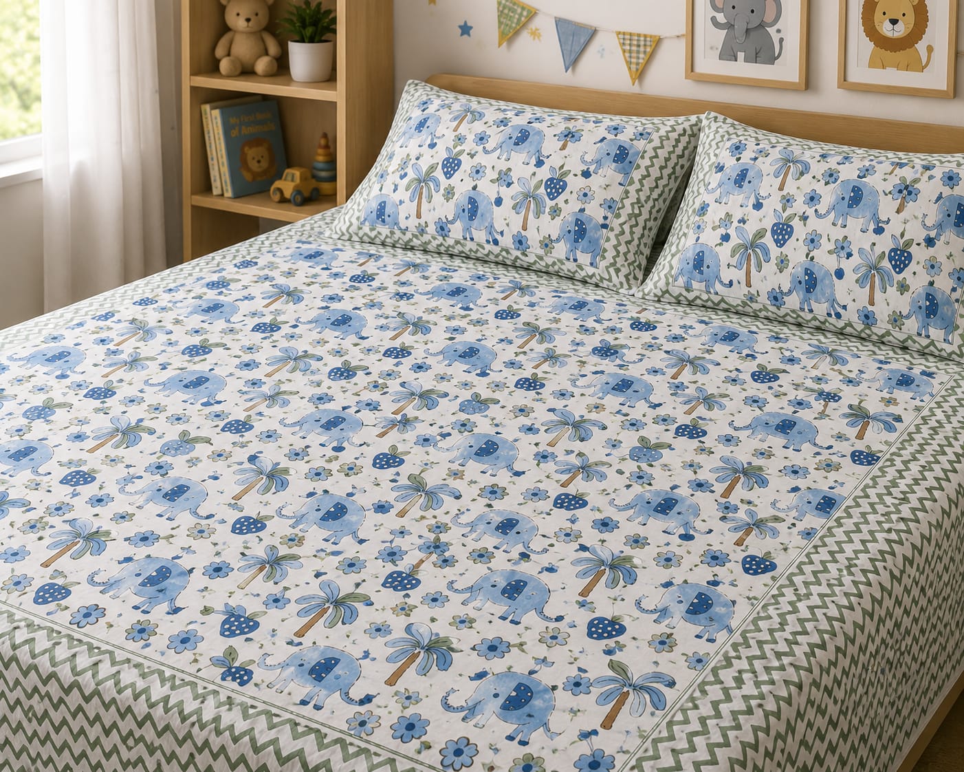 Kids Bedsheet King Size 100% Cotton – Blue Elephant Print