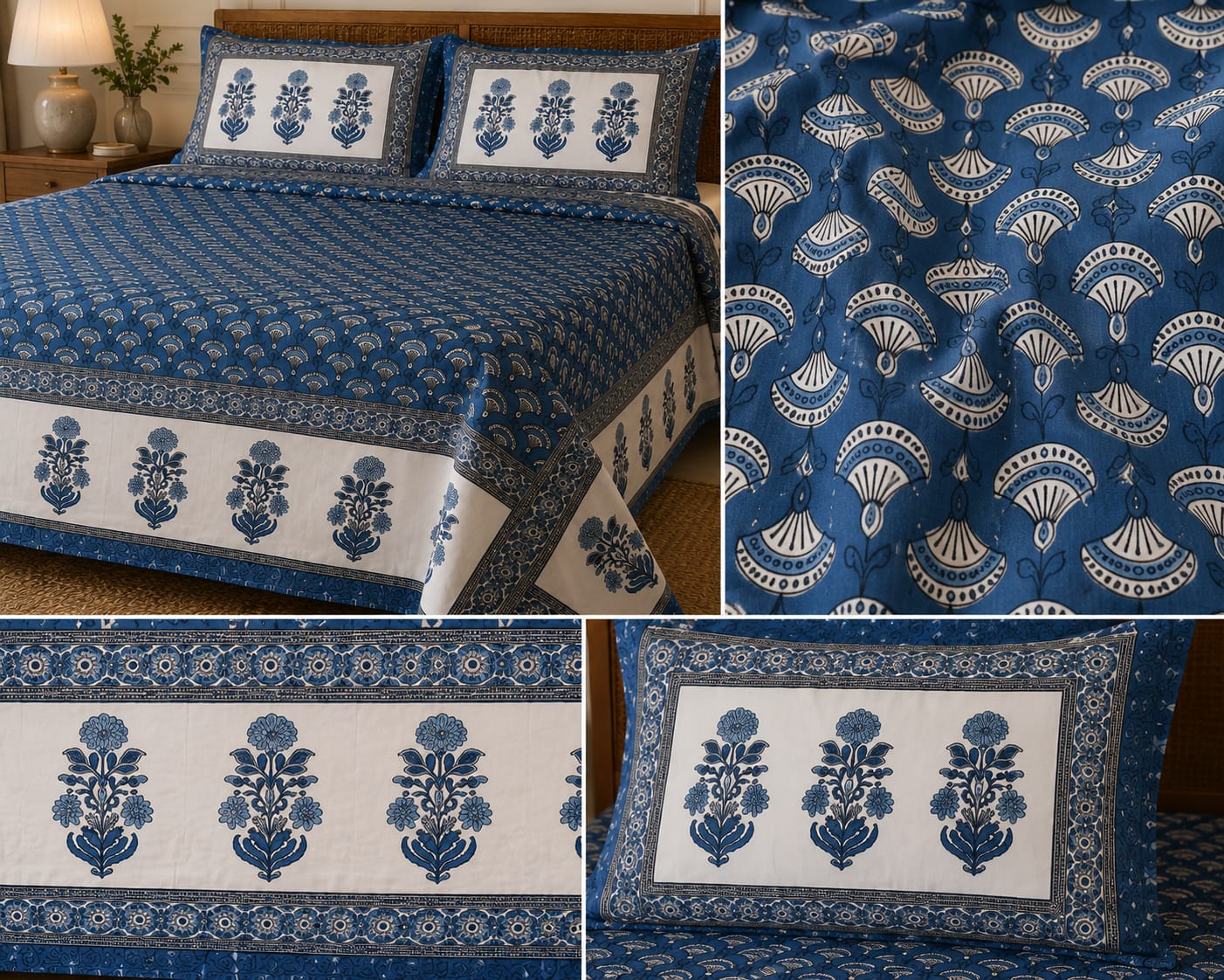 Indigo Blue Floral Border Cotton King Size Bedsheet Set with 2 Pillow Covers | 100% Cotton | 225x275 cm | ChapaSSyahii
