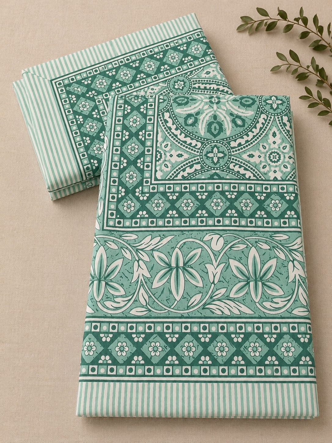 Sea Green Medallion Cotton King Size Bedsheet Set with 2 Pillow Covers | 100% Cotton | 225x275 cm | ChapaSSyahii