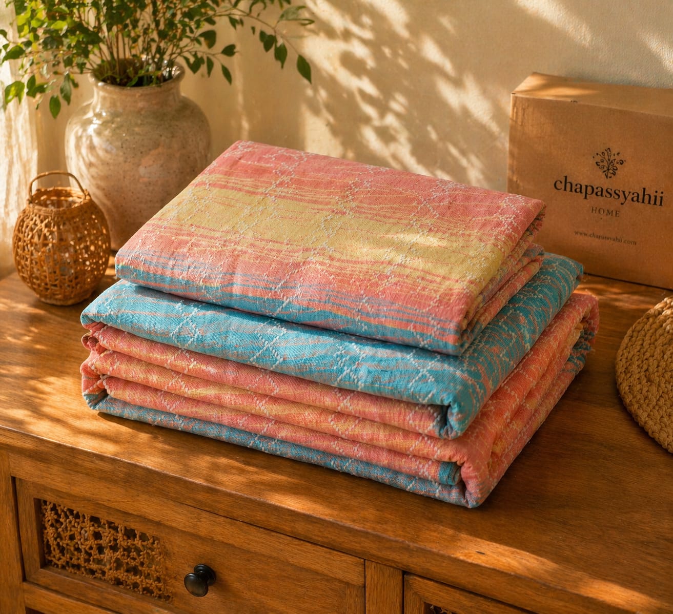 Stack of colorful folded blankets on a wooden surface with a 'chapassyahii' box in the background.