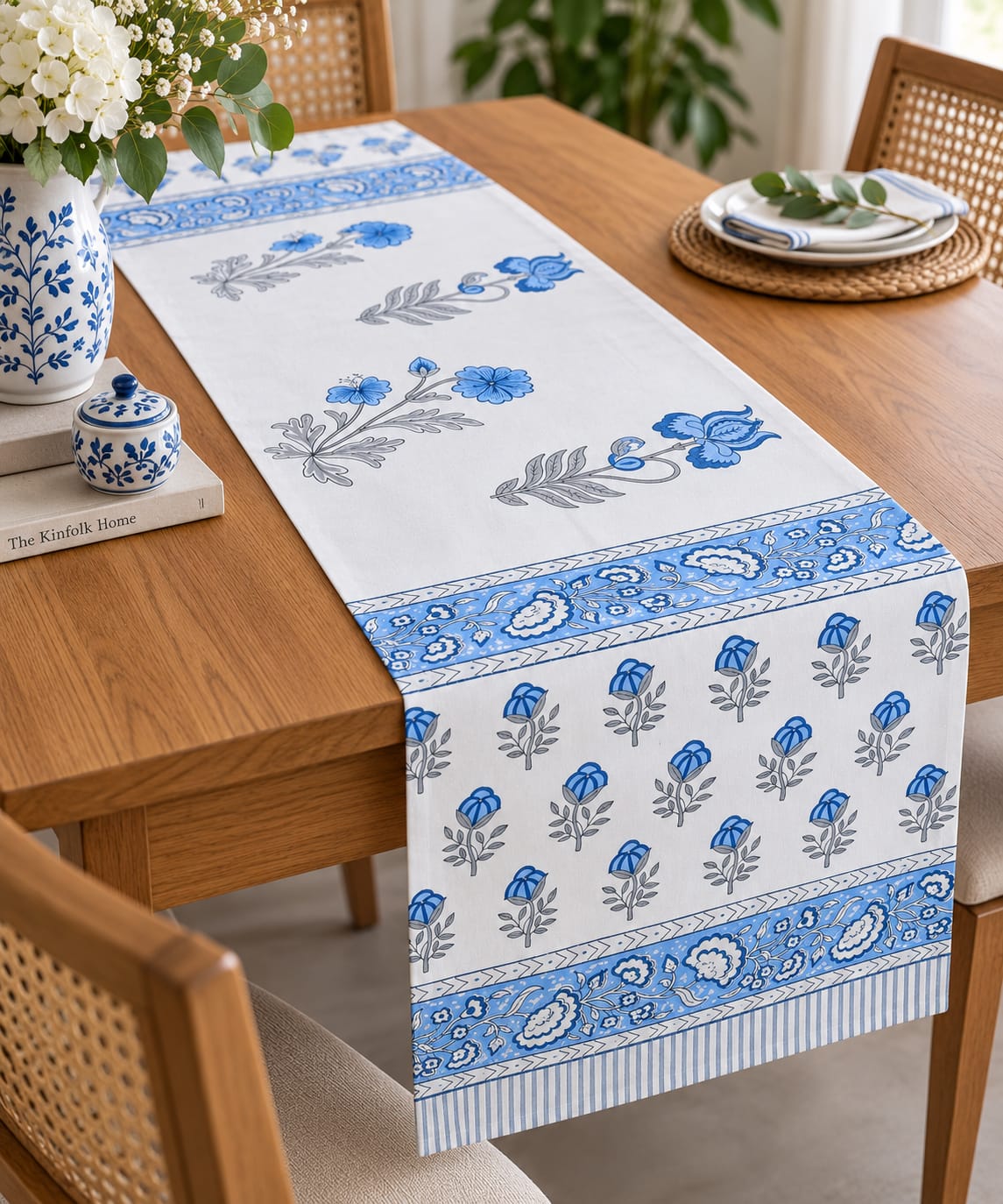 Ivory Blue Rosebud Hand Block Canvas Cotton Table Runner - Table Runner - ChapaSsyahii