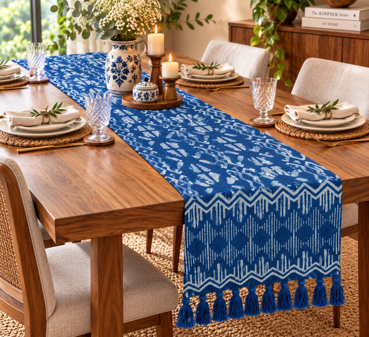 Indigo Shibori Ikat Hand Block Jute Table Runner - Table Runner - ChapaSsyahii