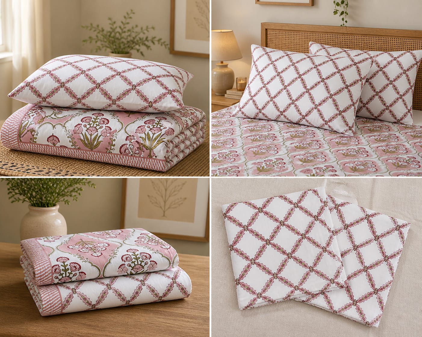 Gulabi Jaal Handblock Floral King Size Bedsheet - Bedsheet Set - ChapaSsyahii