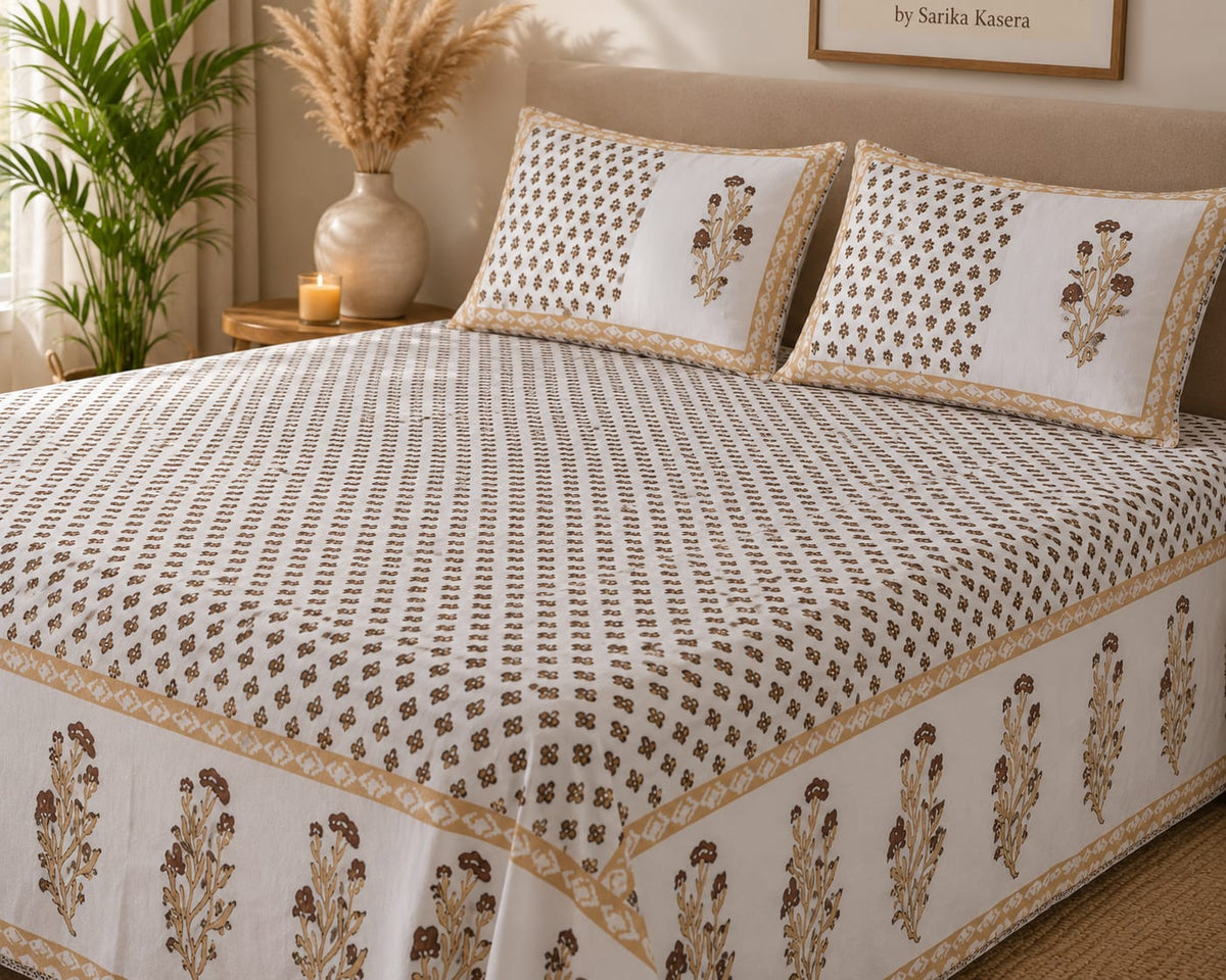 Ivory & Brown Floral Boota Cotton King Size Bedsheet – Handblock Inspired Print | Premium Bedding - Bedsheet Set - ChapaSsyahii