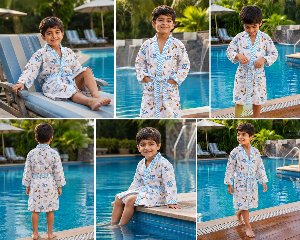 Kids Airplane & Helicopter Cotton Waffle Bathrobe