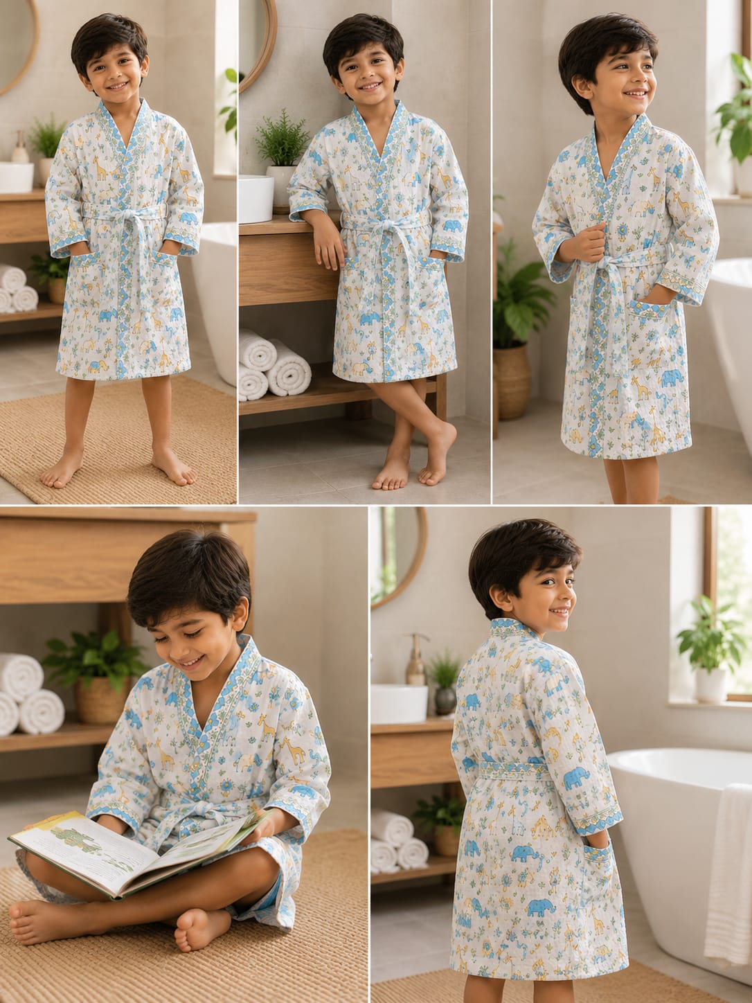 Kids Safari Explorer Cotton Waffle Bathrobe (Blue)
