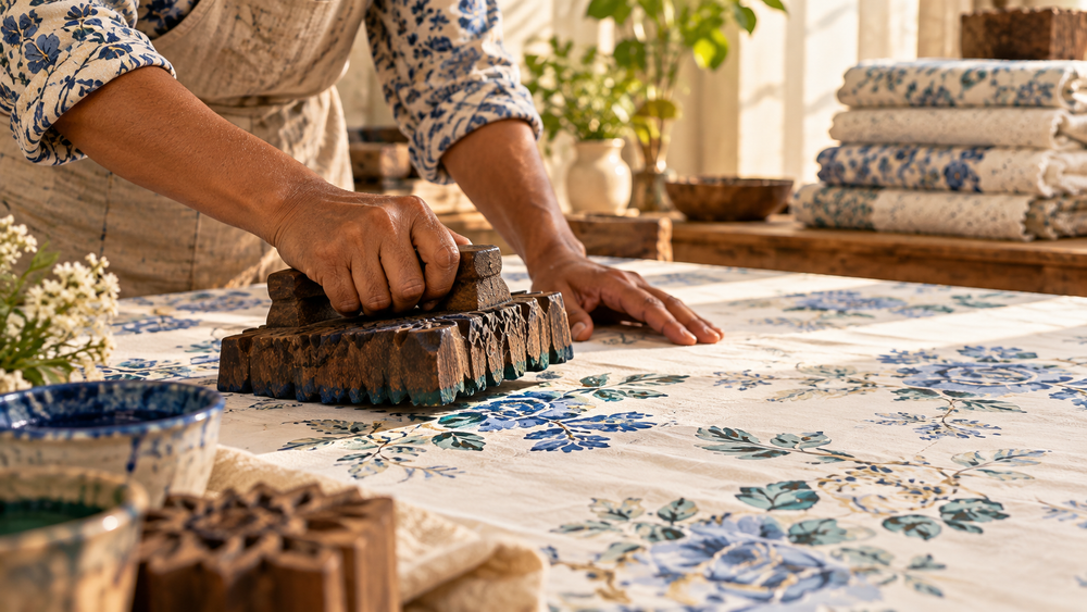 Artisan hands pressing a carved wooden block onto cotton fabric – ChapaSSyahii handblock printing